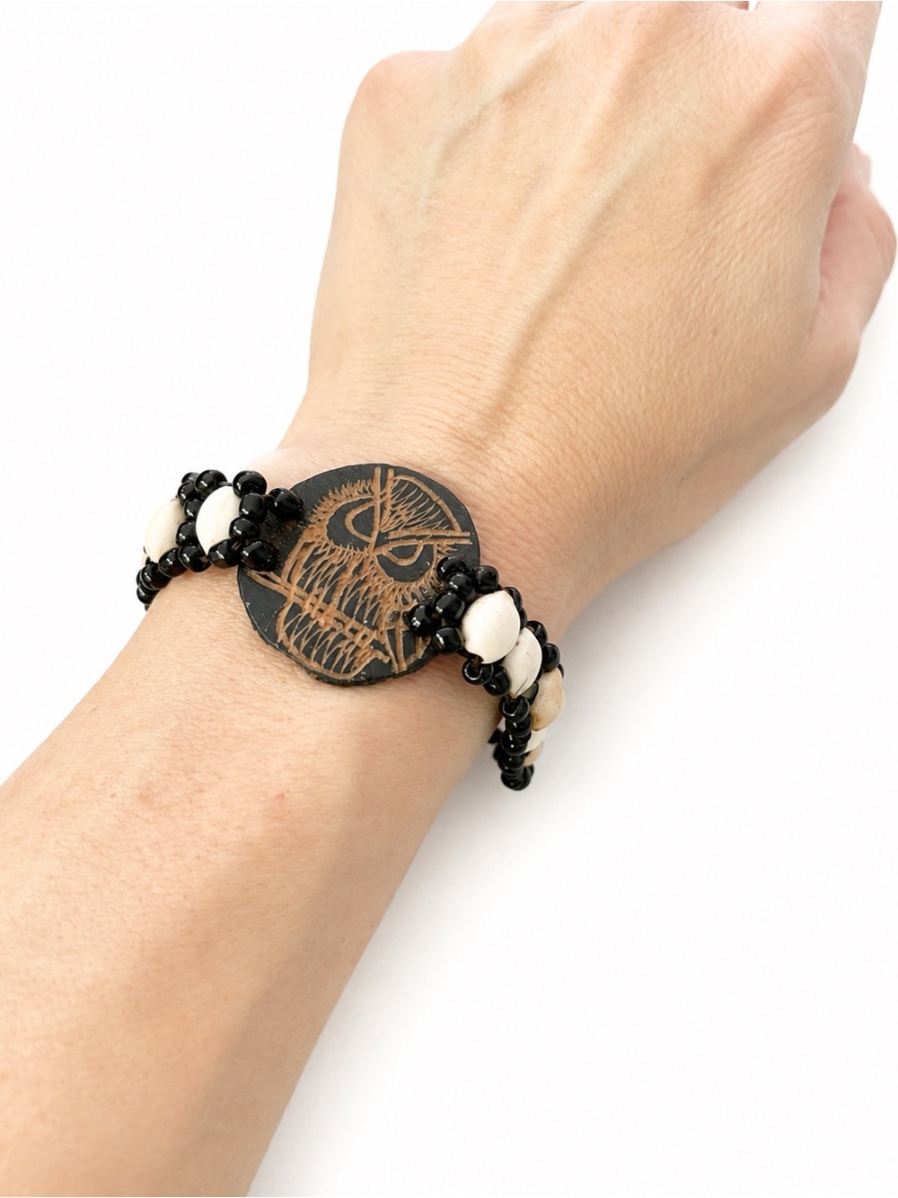 Artisan Tribal Owl Beaded Bracelet Black & Cream Boho Statement Jewelry